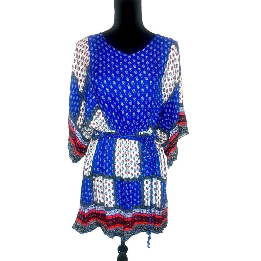 AMERICAN EAGLE OUTFITTERS BOHEMIAN PATCHWORK BLUE PRINTED MINI DRESS SIZE SMALL